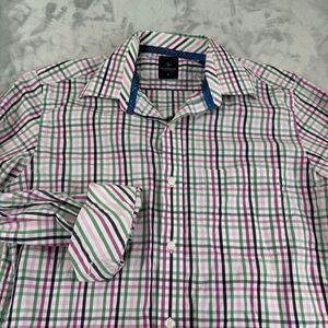 Tailorbyrd Shirt Mens Medium Pink Green Plaid Flip Cuff Button‎ Up Pocket